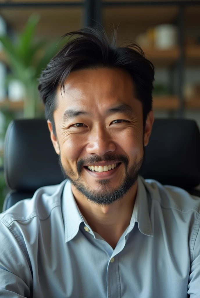 A 28-year-old Japanese man is sitting in a company chair.、The aura of a kind father、The eyes are double、Short Hair、Sunburn、Facing forward.
No beard.