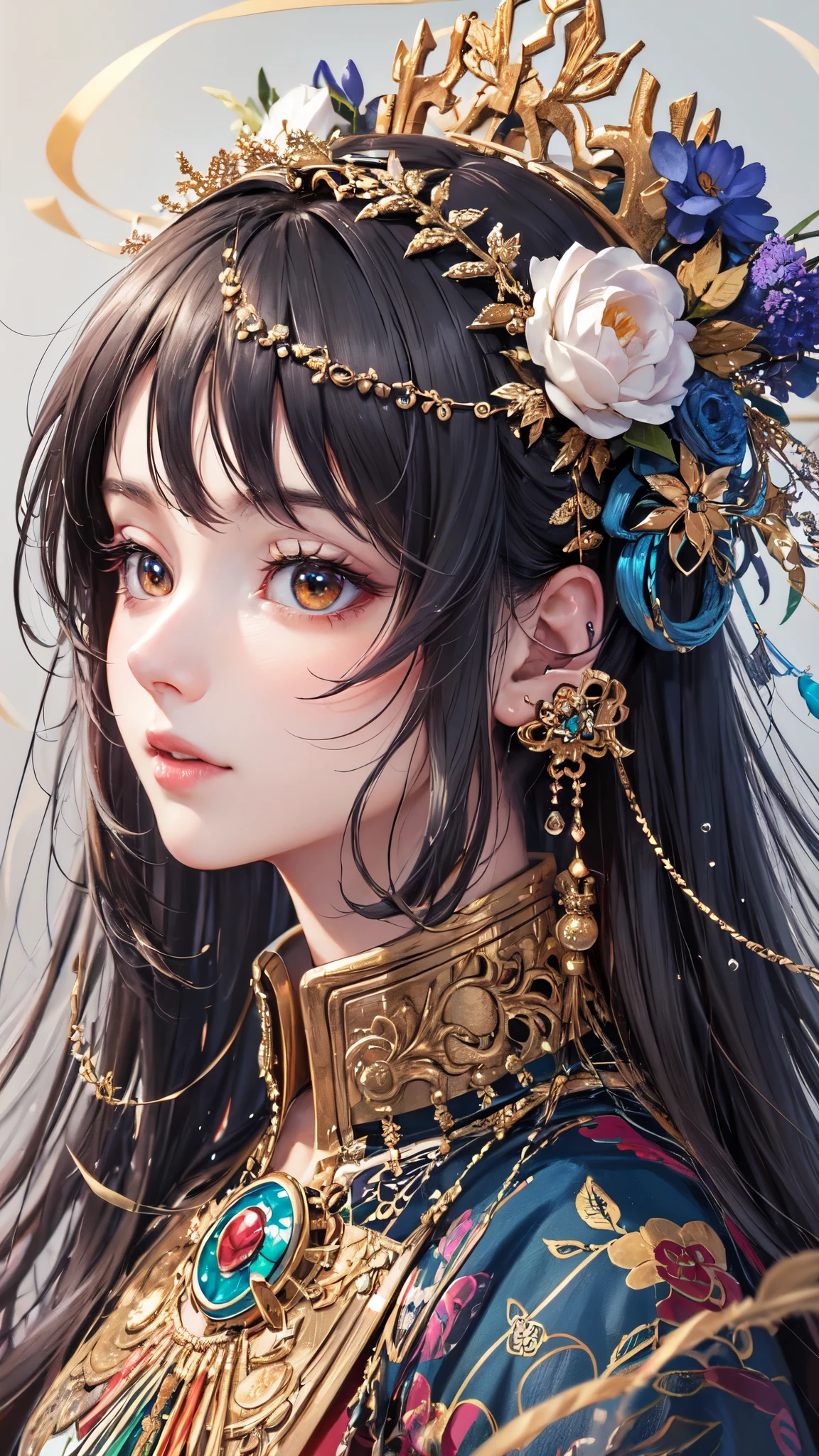 A close-up of the face of a Chinese goddess, adorned in beautiful clothing.,(masterpiece, Highest quality, Highest quality, Official Art, beautifully、beautiful:1.2), (One person), Very detailed, (Fractal Art:1.3), colorful, Most detailed, Perfect Face, Upper Body, High resolution, Impressive visuals, Vibrant colors, Black Hair,Long Hair,Swept-apart bangs,Bust Shot