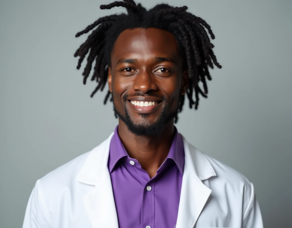 Professional work headshot of a very tall French-Nubian featured male, relaxed wavy soft hair side part, toned body, ebony skin, vibrant purple eyes, tall thin toned body. Kind expression. Wearing purple shirt under white doctor coat.