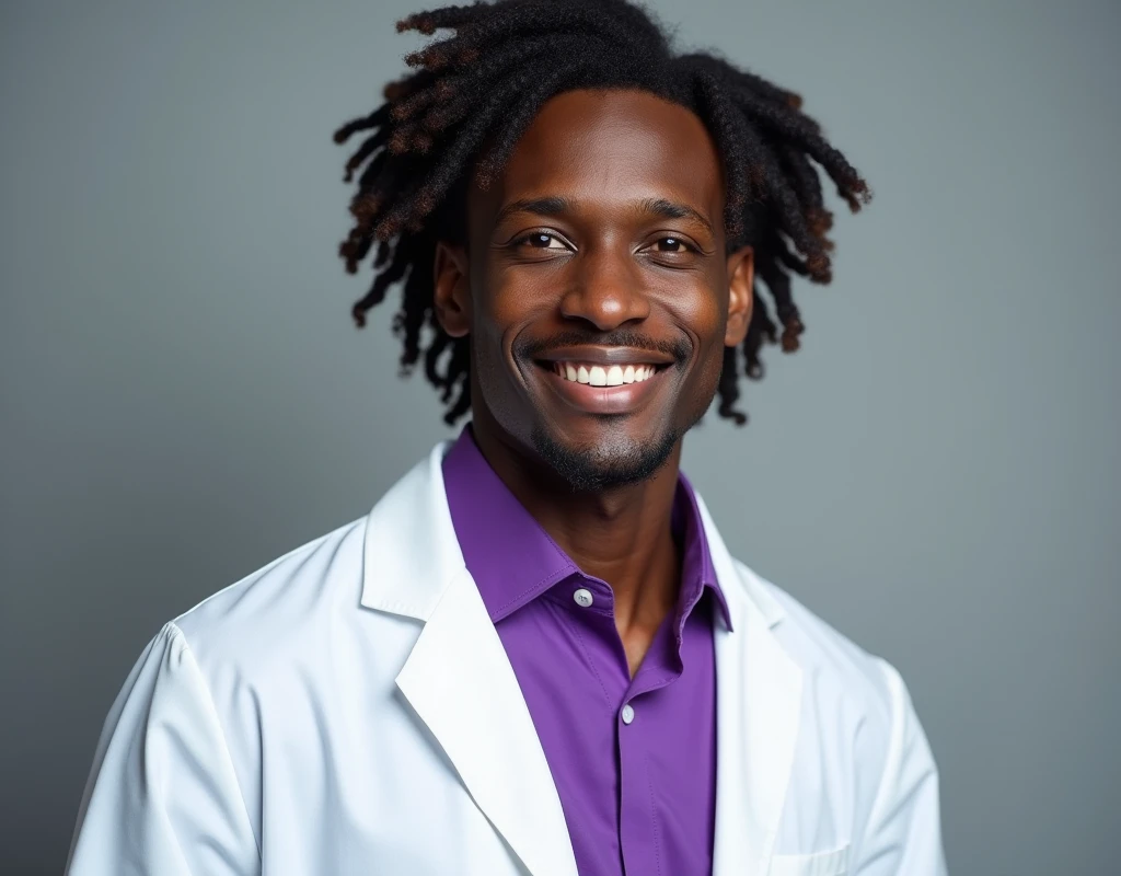 Professional work headshot of a very tall French-Nubian featured male, relaxed wavy soft hair side part, toned body, ebony skin, vibrant purple eyes, tall thin toned body. Kind expression. Wearing purple shirt under white doctor coat.