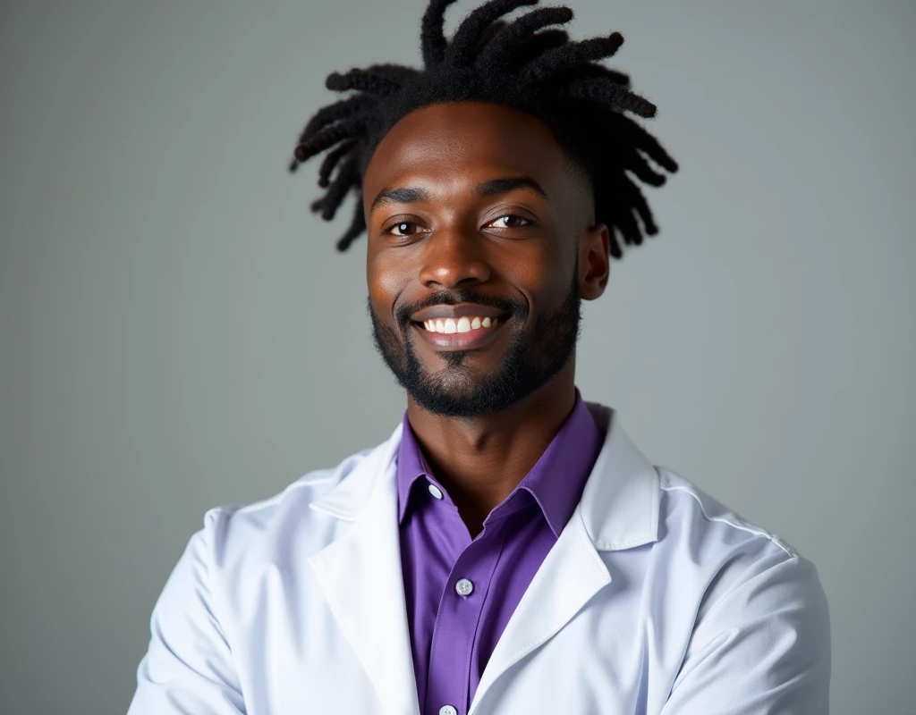 Professional work headshot of a very tall French-Nubian featured male, relaxed wavy soft hair side part, toned body, ebony skin, vibrant purple eyes, tall thin toned body. Kind expression. Wearing purple shirt under white doctor coat.