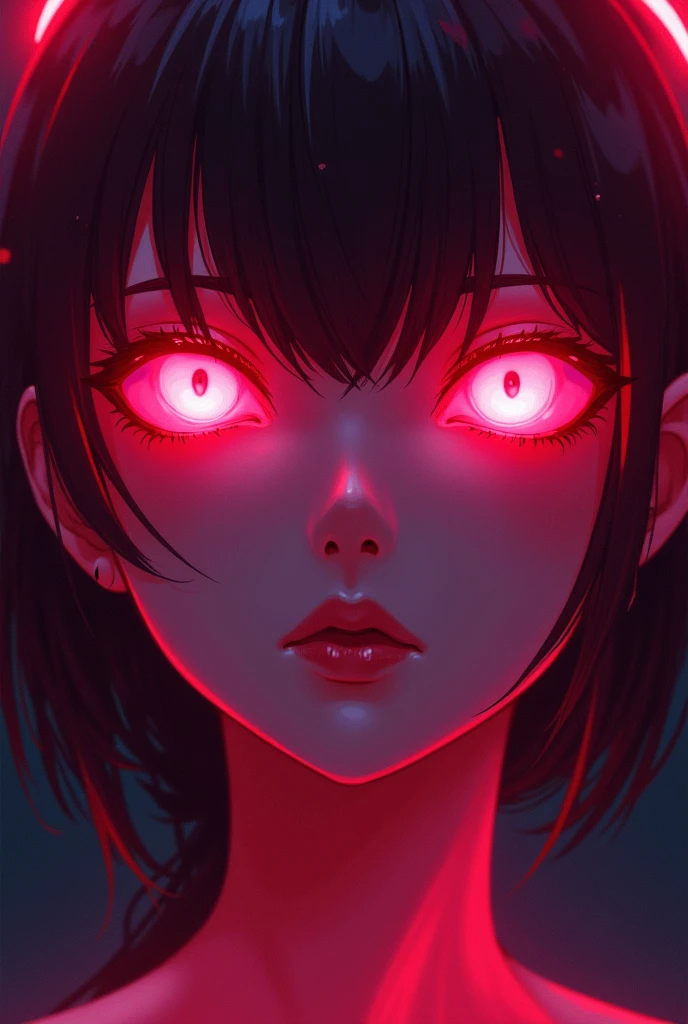 vivid neon lighting, glowing eyes, red and pink hues, ethereal halo, soft facial features, intense gaze, dark background, smooth textures, anime-inspired, futuristic portrait, radiant glow, otherworldly atmosphere, surrealism, sharp contrasts, minimalistic setting, digital painting