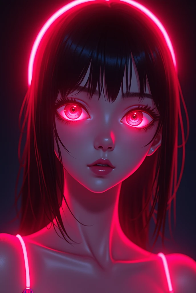 vivid neon lighting, glowing eyes, red and pink hues, ethereal halo, soft facial features, intense gaze, dark background, smooth textures, anime-inspired, futuristic portrait, radiant glow, otherworldly atmosphere, surrealism, sharp contrasts, minimalistic setting, digital painting