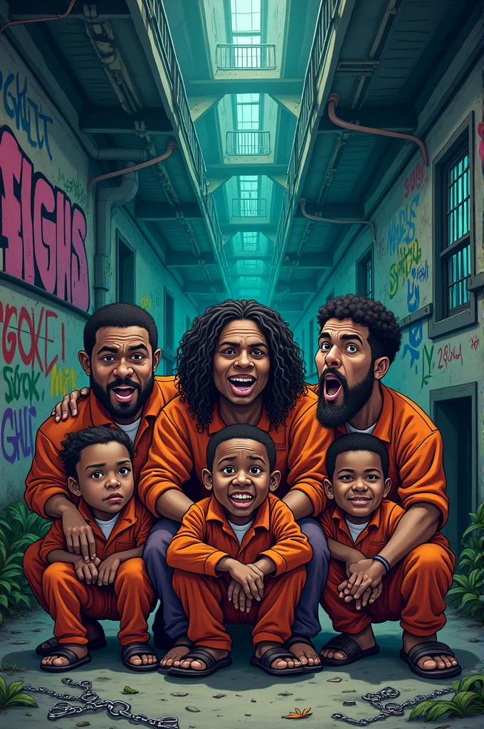 Make a cartoon of the movie "the seven prisoners" as a social critique.