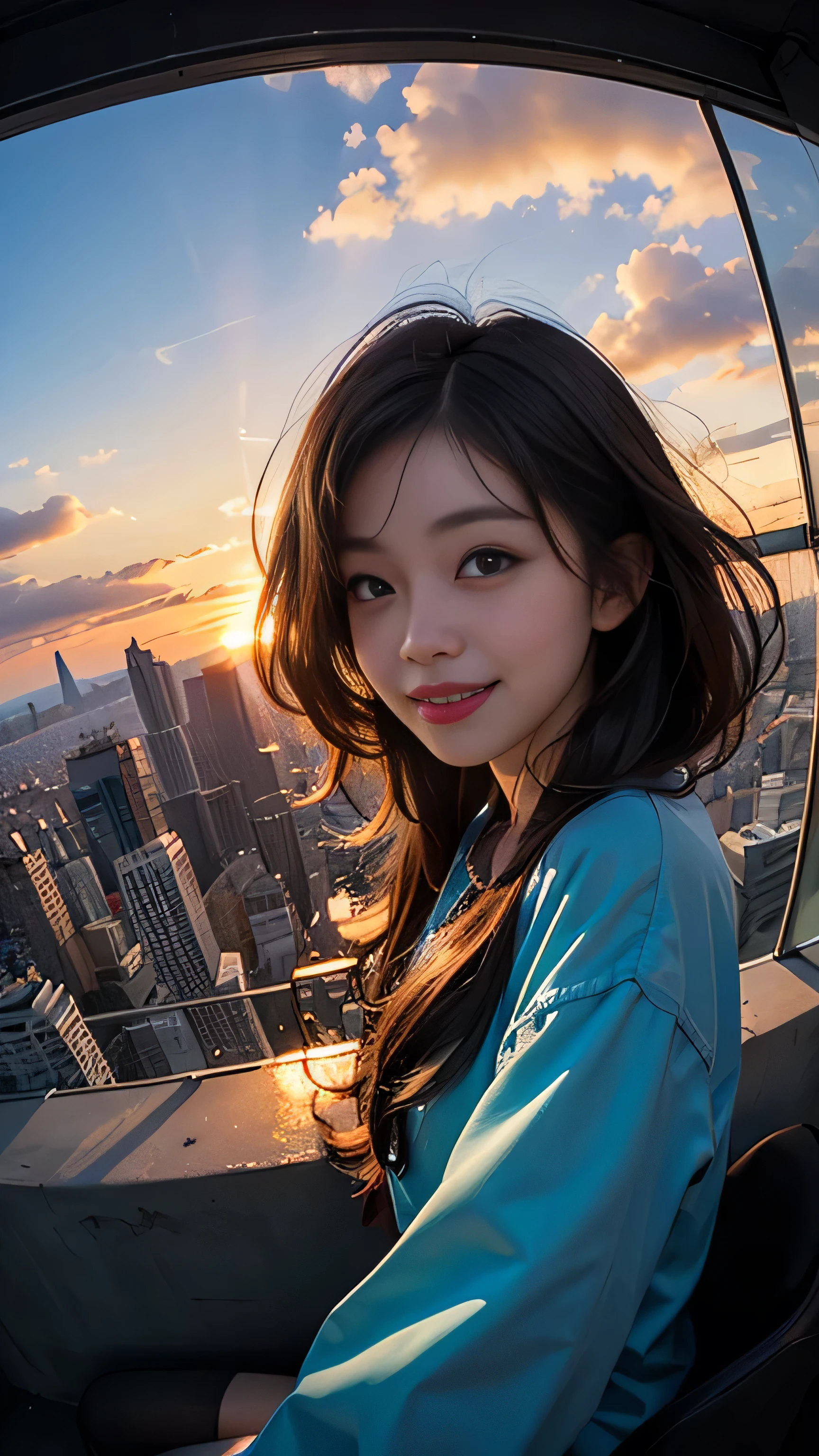 One girl, Korean, Fisheye Lens, Selfie, Wind, Messy Hair, sunset, Cityscape, (Aesthetics and atmosphere:1.2),smile
