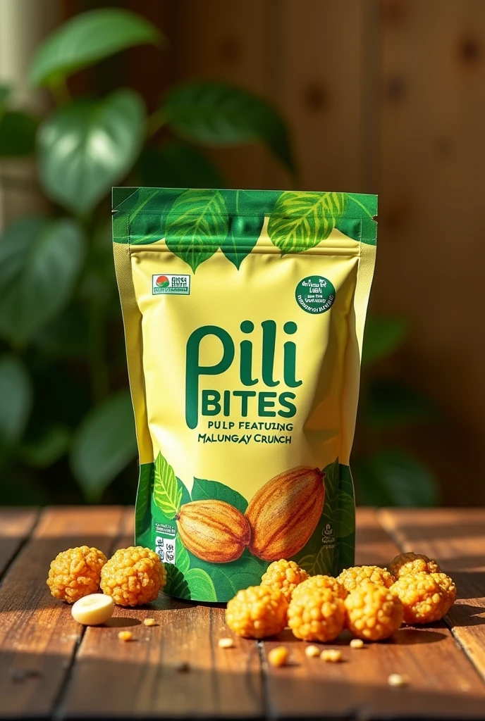 generate a picture of Pili Pulp Bites with Malunggay Crunch in a pouch where the only names that appear in the pouch is “ PILI BITES “