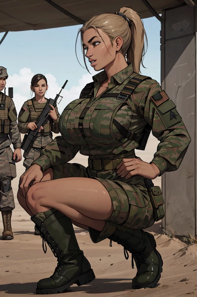 female soldier at attention pose waiting for orders, war photography, with embarassed expression, (cinematic lighting:1.1), highest quality, photo of (fully dressed really tanned 20yo sexy muscular female army special forces with taut clothing military top, ponytail hair), too tight military shirt, medium_boltedontits, perfectly round breasts, breast implants, unaligned breasts, perfect face, parted lips, (wearing military Combat uniform, battlepack, boots:1.2), athletic body, on the battlefield, fake tits, bootsnutes