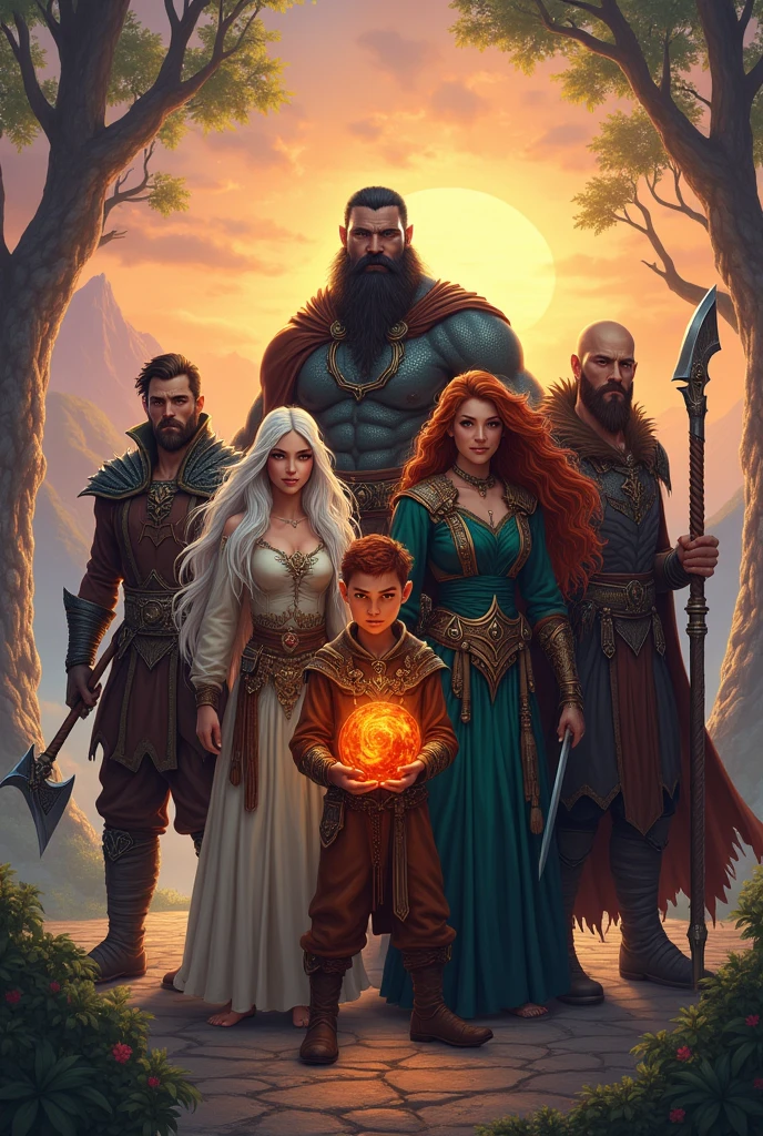 A group of six members, including;

1 A short, red-haired dwarf with an axe.

2 A male elf with dragon wings and white hair.

 3 A sorceress with brown hair wielding a staff with an orange orb.

4 A strong, tall man with features of a triton with black hair and beard wielding a longsword.

5 A girl with red hair and claws wearing wild clothes.

6 A bald man with a black beard and draconic features, wielding a sword and shield.