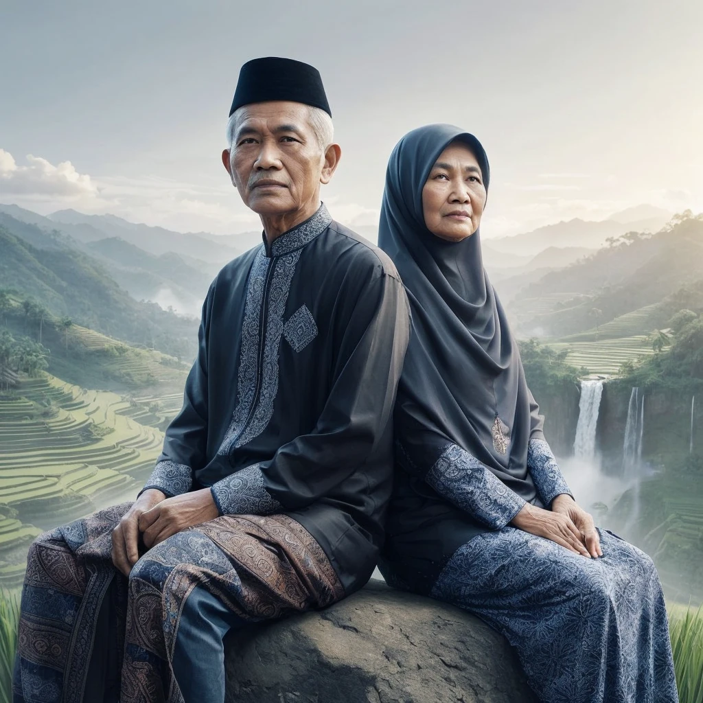 Realistic smooth details, Super 8k v8 resolution, Muslim grandfather and grandmother from Indonesia, they are both slightly thin, wearing black batik clothes combined with blue, sitting on a large rock on a hill facing forward, a calm and comfortable landscape of waterfalls and rice fields, detailed faces, detailed elements, very real and realistic, professional photography.