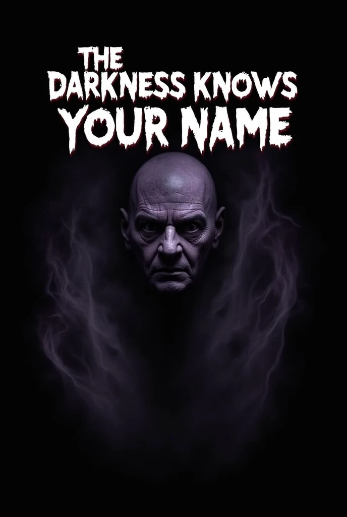 A hauntingly captivating movie poster featuring a shadowy figure with a twisted, distorted face looming out of the darkness. The figure's silhouette is partially obscured, allowing only the grotesque features to be visible. The background is a dark abyss, representing the unknown and the unseen. The text 'The Darkness Knows Your Name' is prominently displayed, creating an eerie and suspenseful atmosphere that draws the viewer in., poster