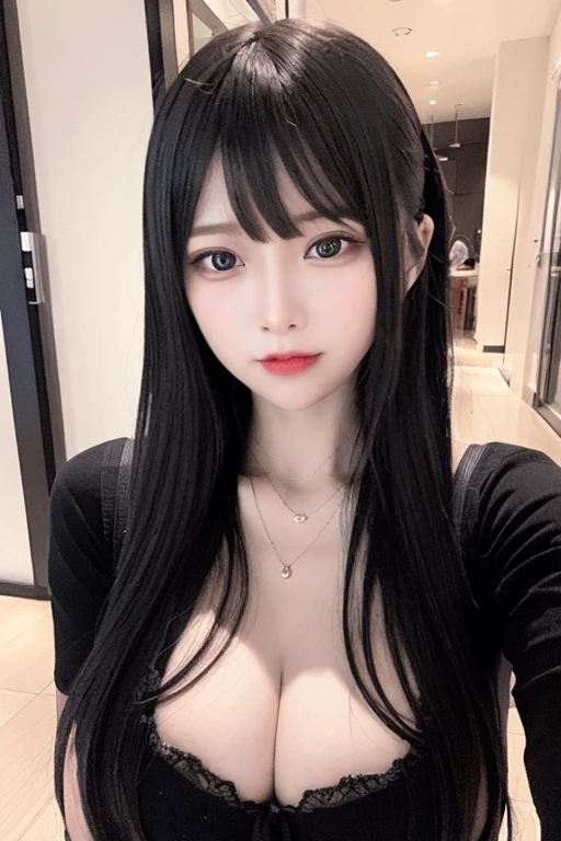 High quality, UltraRealistic, (Realistic:1.3)、Best quality、Ultra-high resolution、SLR、Instagram、Very delicate、Look at the viewers、Japan 1 woman(Black-haired、long hair、black eye、、Huge 、Adorable)、(medium breasts:1.3), indoors