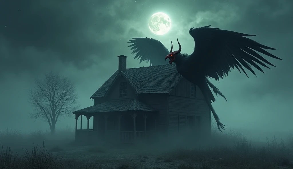 a farm house, the night around a scary mist. fenn, on the roof, a creature is perched, half man, half bird, with huge, black wings, Eyes red, large horns and sharp claws. I want something realistic, not in a cartoon form, A realistic sim.