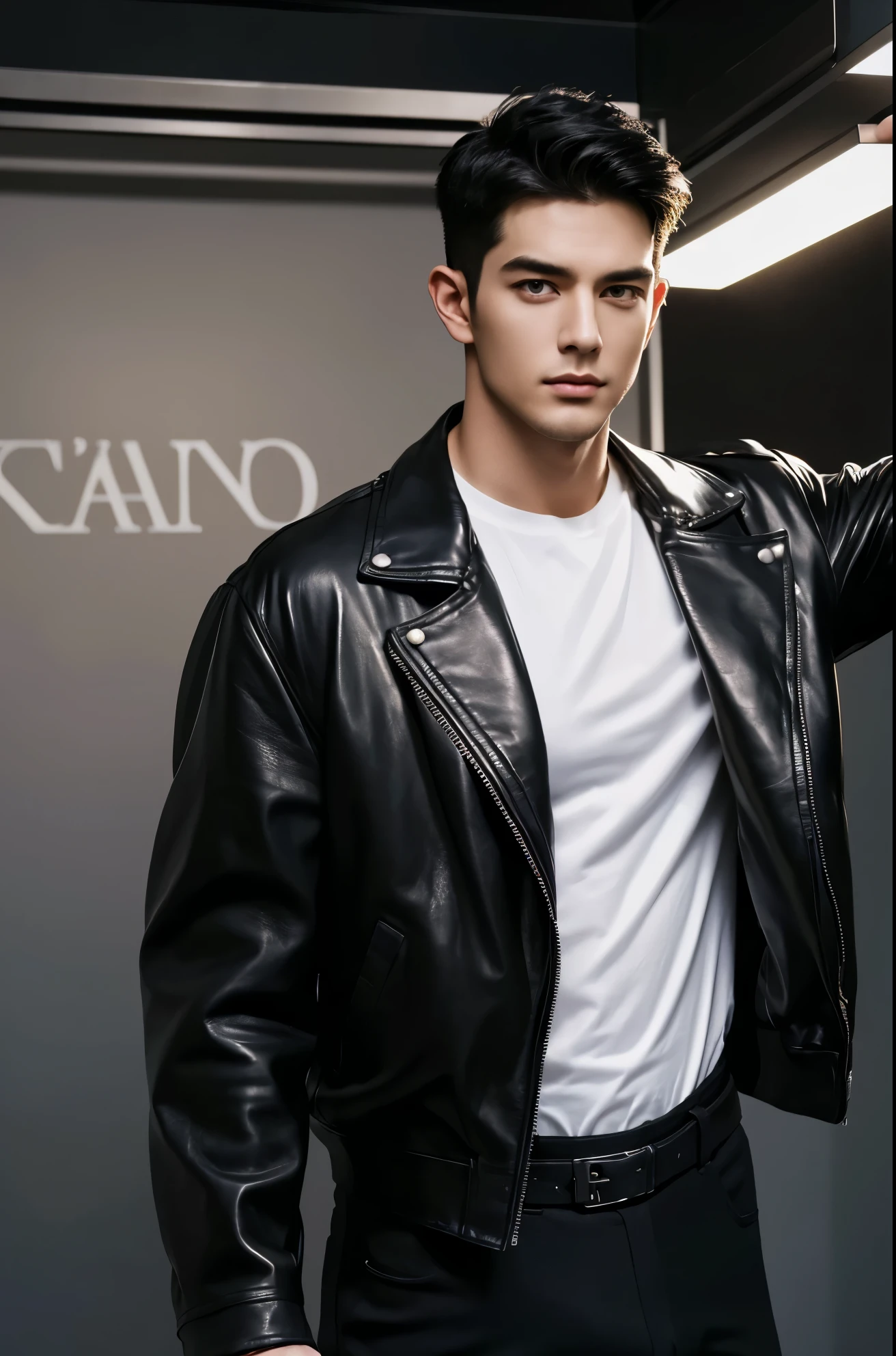 4k, high resolution, best quality, masterpiece, perfect color, perfect shade, perfect lighting, Posted by e621, ((handsome man)), perfect male figure, Short hair details,Detailed face, perfect face, (stood up), Detailed background, ((Bonifasco Lighting)),black hair, wearing black leather jacket, black pants, black leather belt, white shirt,