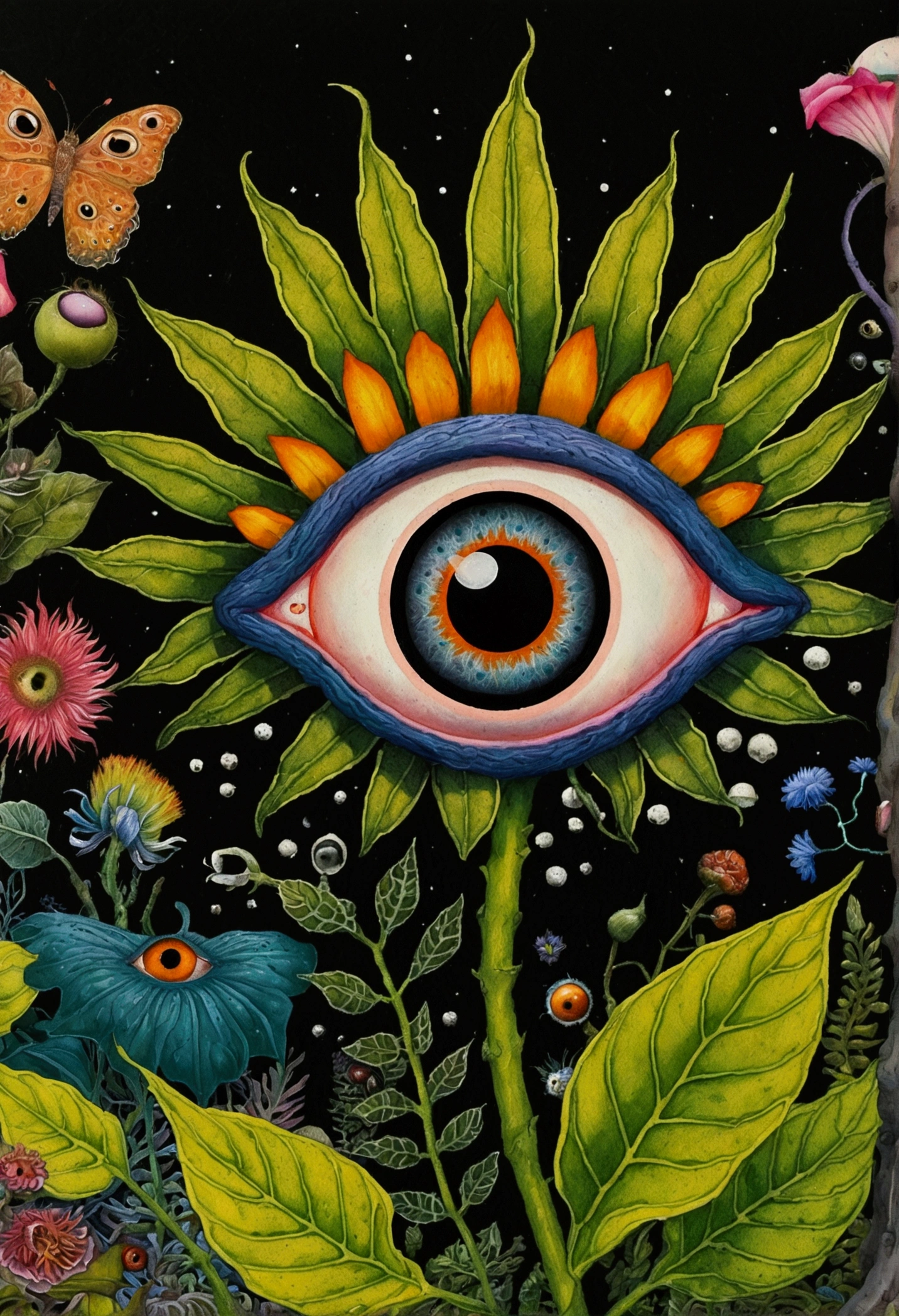 A painting，A flower with big eyes in the painting，Surrounded by plants, Psychedelic surrealist art, The holy grail of the eyes of the brain, Shaman horror LSD art, Psychedelic illustration, Pop surrealism, Surreal psychedelic design, Exotic plants and fauna, Exotic plants, Psychedelic Art, Highly detailed hyperrealistic art, strange plants, hallucinatory art, DMT art, Psychedelic Artwork