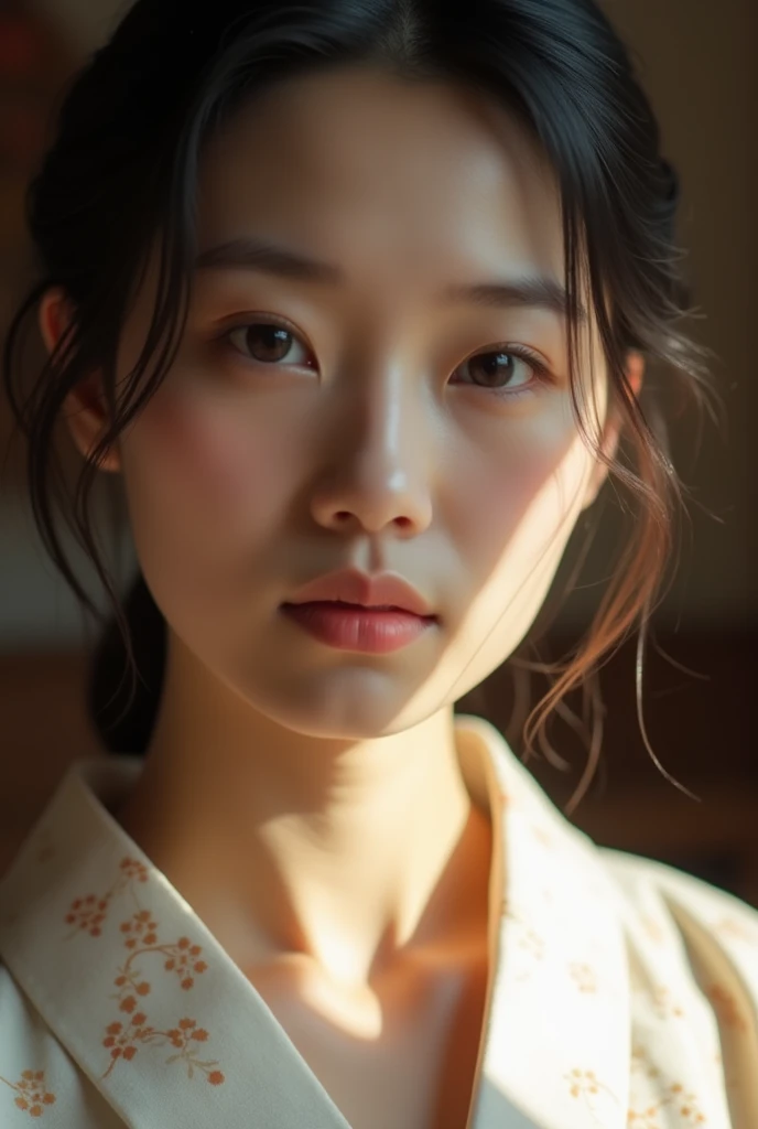 An elegantly dressed Japanese woman in natural light、A close-up of her chest and calm expression.、It shows her inner peace and outer charm.。
