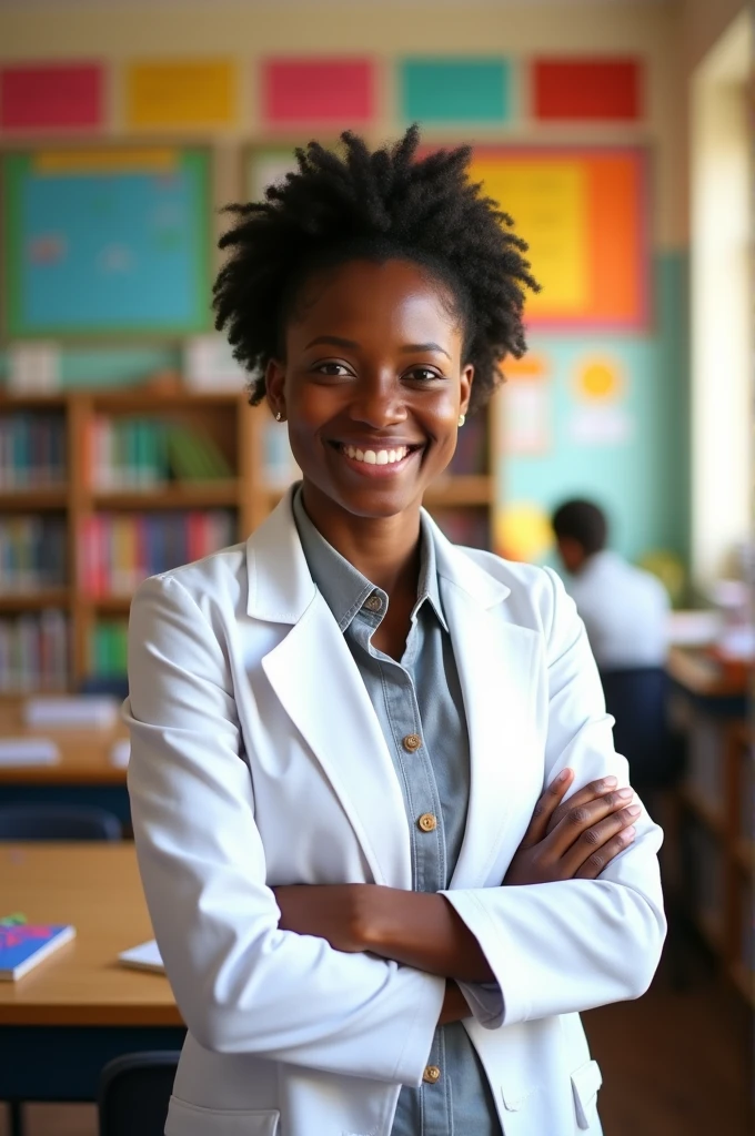 She is a teacher at Sesi, wears a white coat, has dark hair, has brown skin, is short and she is smiling.