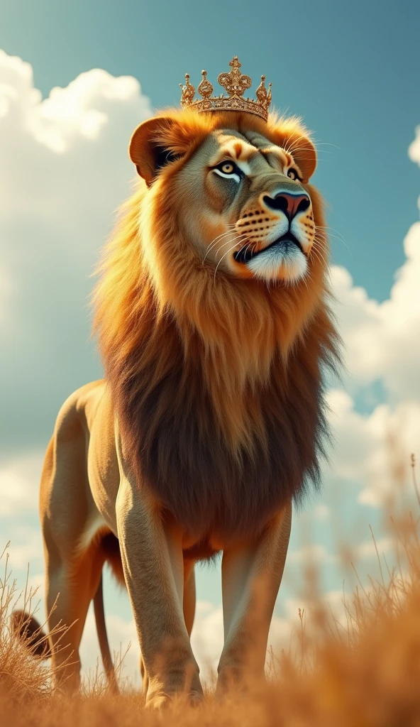 Generate a super ultra realistic 8k image of a strong and beautiful lioness with a crown on her head looking at the sky