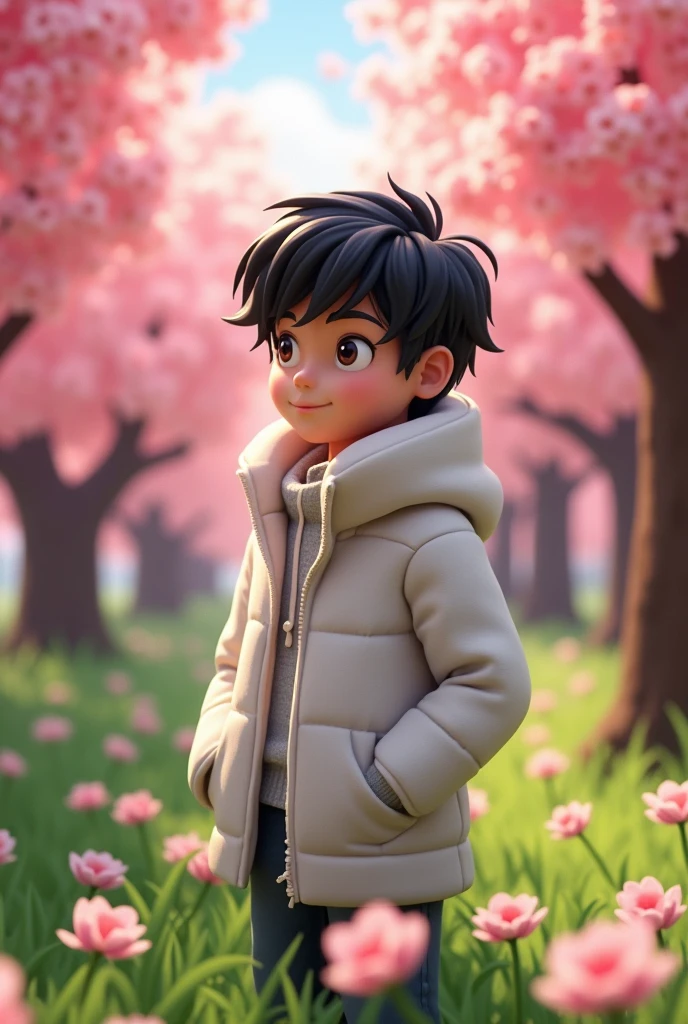 Make a beautiful minecraft realistic amine picture, The picture will be of a cherry orchard, there will be a 15-year-old boy in the garden, Wearing white winter clothes, hair will be black,