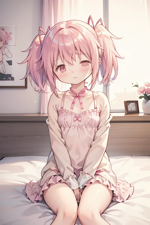 One Girl、 Bedroom、View your viewers、night、Bedroom、bed、Blushing with embarrassment、cute、Pink Bra、Pink Panties、Thin underwear、Sleeping posture、Kaname Madoka、Child body type、Small breasts、pig tail、Pink Hair