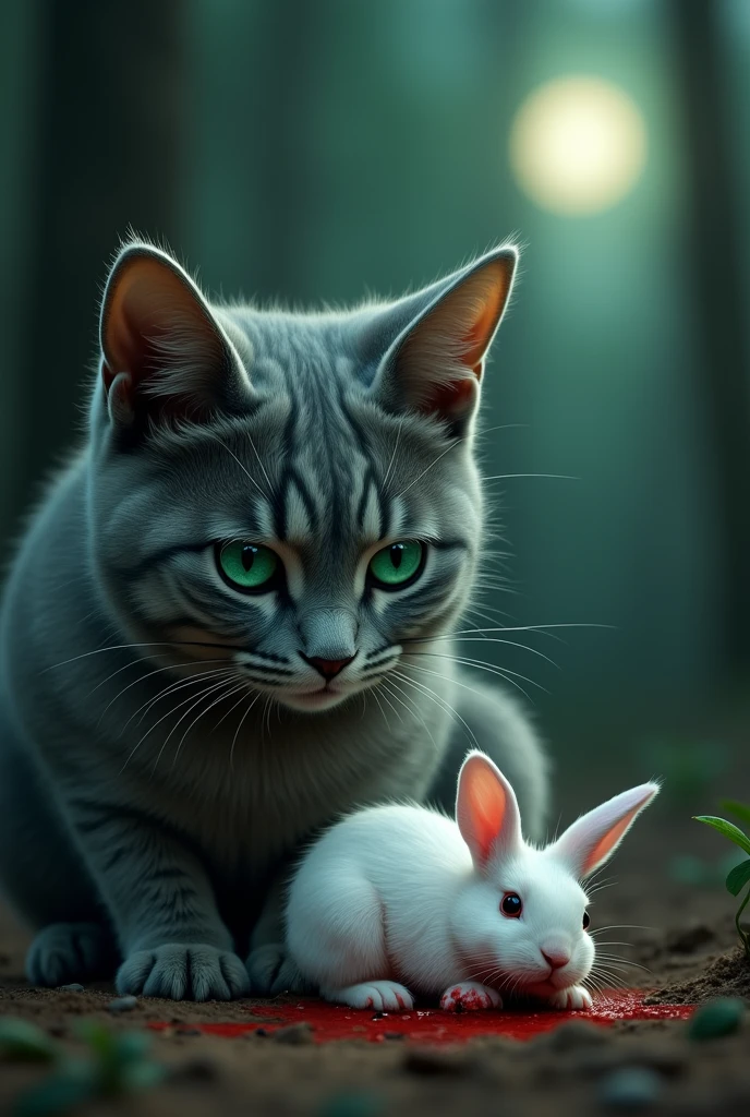 Make a gray cat with green eyes and a white rabbit with green eyes. The rabbit is bleeding and the cat is sad and crying