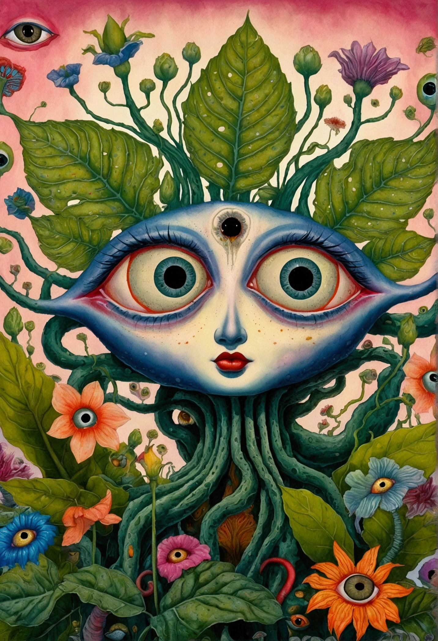 A painting，A flower with big eyes in the painting，Surrounded by plants, Psychedelic surrealist art, The holy grail of the eyes of the brain, Shaman horror LSD art, Psychedelic illustration, Pop surrealism, Surreal psychedelic design, Exotic plants and fauna, Exotic plants, Psychedelic Art, Highly detailed hyperrealistic art, strange plants, hallucinatory art, DMT art, Psychedelic Artwork