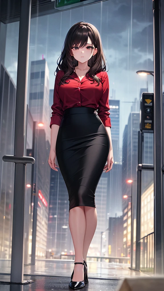 masterpiece, best quality, high detail, beautiful business woman, wavy hair, dark brown hair, business suit, ((red blouse)), ((black midi pencil skirt)), long black pencil skirt, ((black skirt)), heels, looking at viewer, rainy backdrop, storm, clouds, city alley at night, bus stop