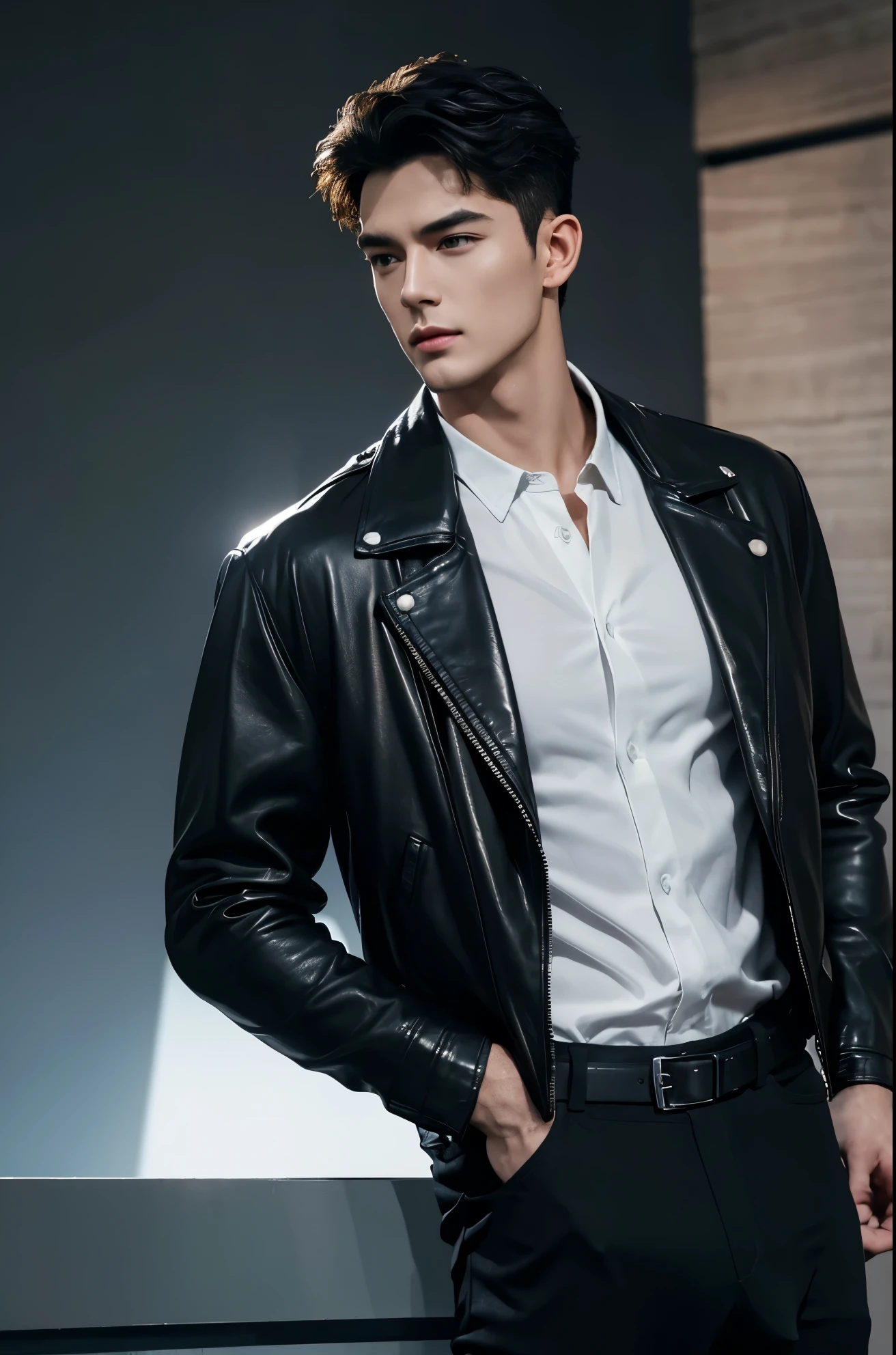 4k, high resolution, best quality, masterpiece, perfect color, perfect shade, perfect lighting, Posted by e621, ((handsome man)), perfect male figure, Short hair details,Detailed face, perfect face, (stood up), Detailed background, ((Bonifasco Lighting)),black hair, wearing black leather jacket, black pants, black leather belt, white shirt,