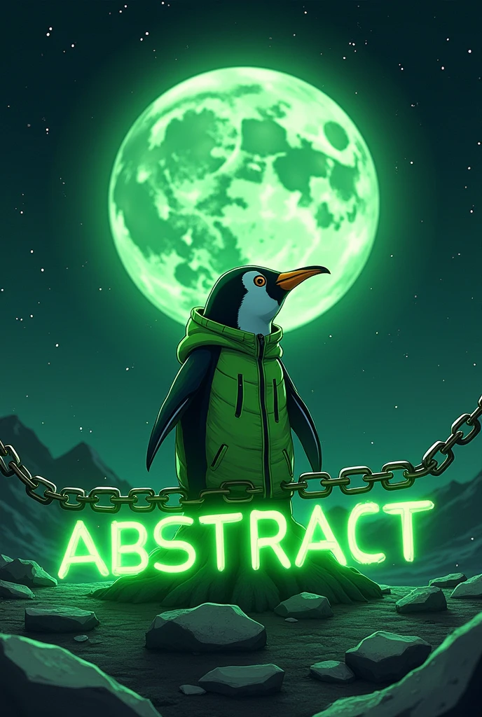 in anime dark art, a black white little penguin with gree jacket sitting on the green big chain word ABSTRACT chain on the word. on a moon  so the aliens can see with the word ABSTRACT 