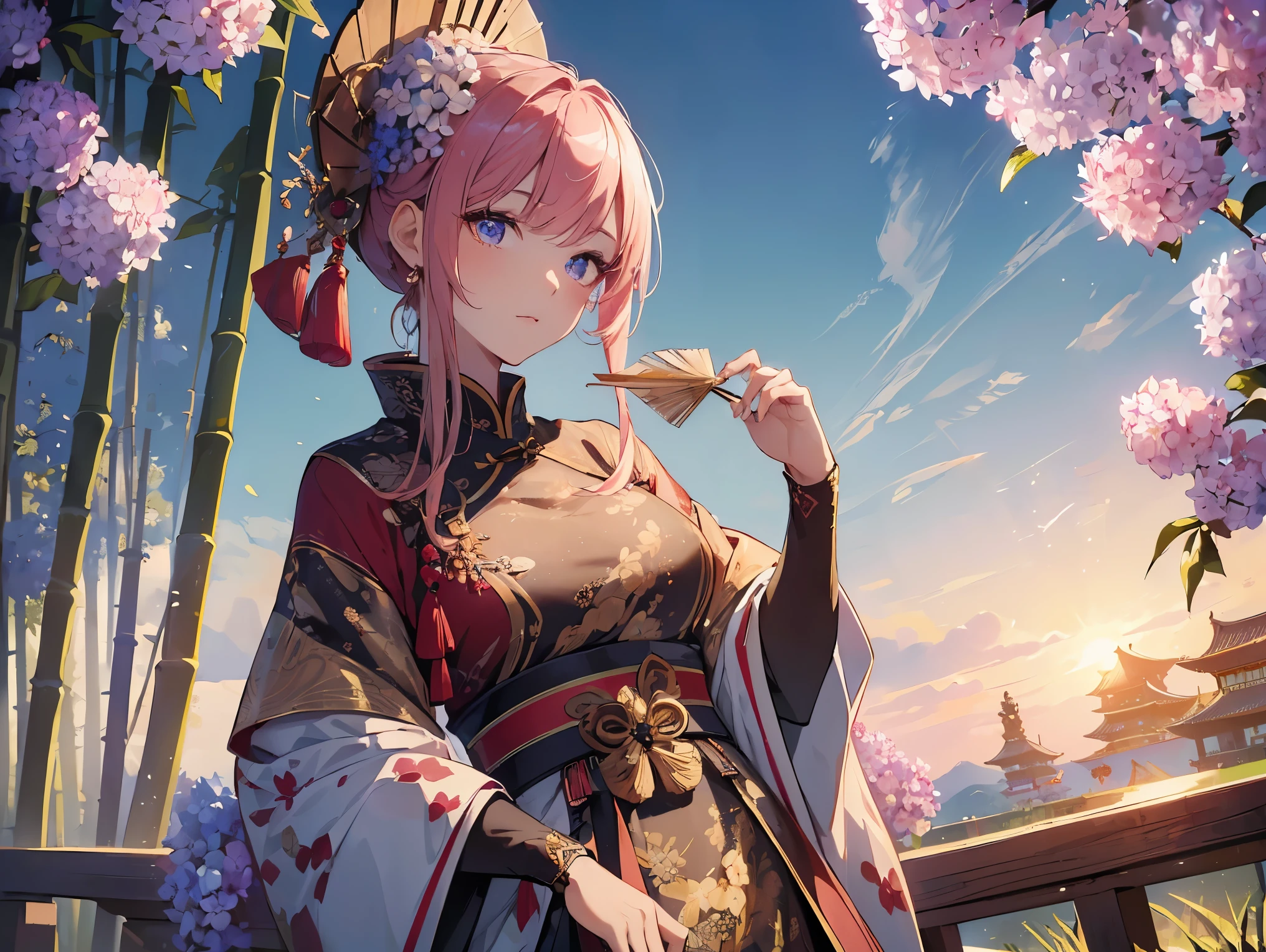 ((best quality)), ((masterpiece)), (detailed), perfect face, ((Best quality, 8k, Masterpiece: 1.3)), Sharp focus, Highly detailed face and skin texture, Detailed eyes, detailed fingers, traditional Chinese costume, royalty, empress, luxury, pink hair, topknot, cowboy shot, Hydrangea flower, Bamboo forest in the background, Holding a feather fan