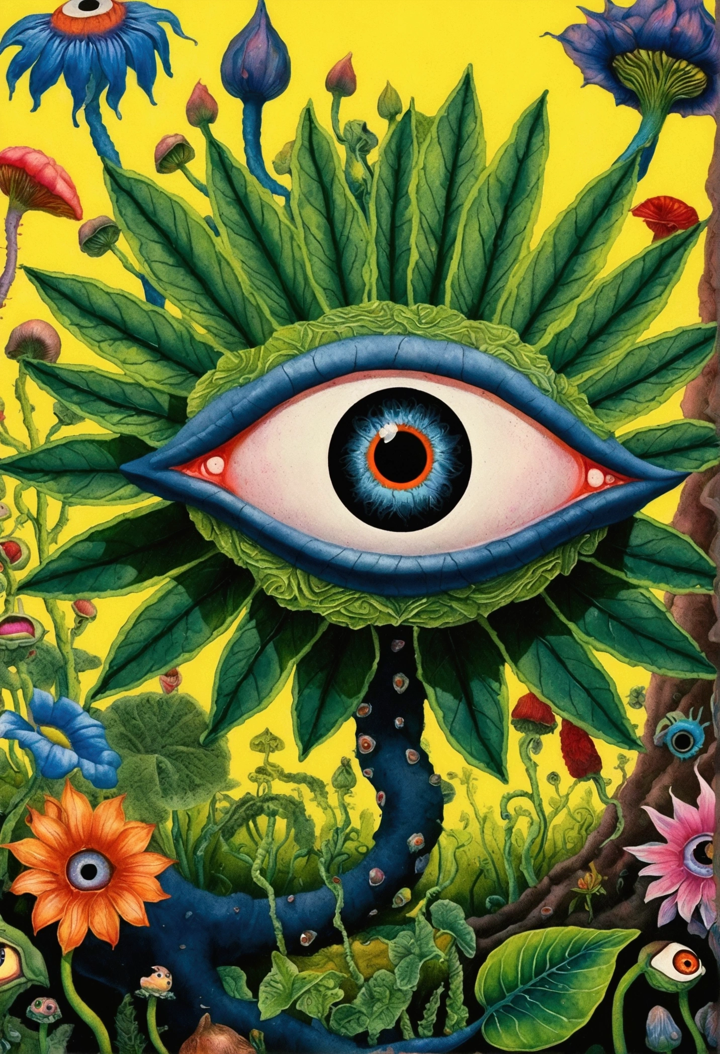 A painting，A flower with big eyes in the painting，Surrounded by plants, Psychedelic surrealist art, The holy grail of the eyes of the brain, Shaman horror LSD art, Psychedelic illustration, Pop surrealism, Surreal psychedelic design, Exotic plants and fauna, Exotic plants, Psychedelic Art, Highly detailed hyperrealistic art, strange plants, hallucinatory art, DMT art, Psychedelic Artwork