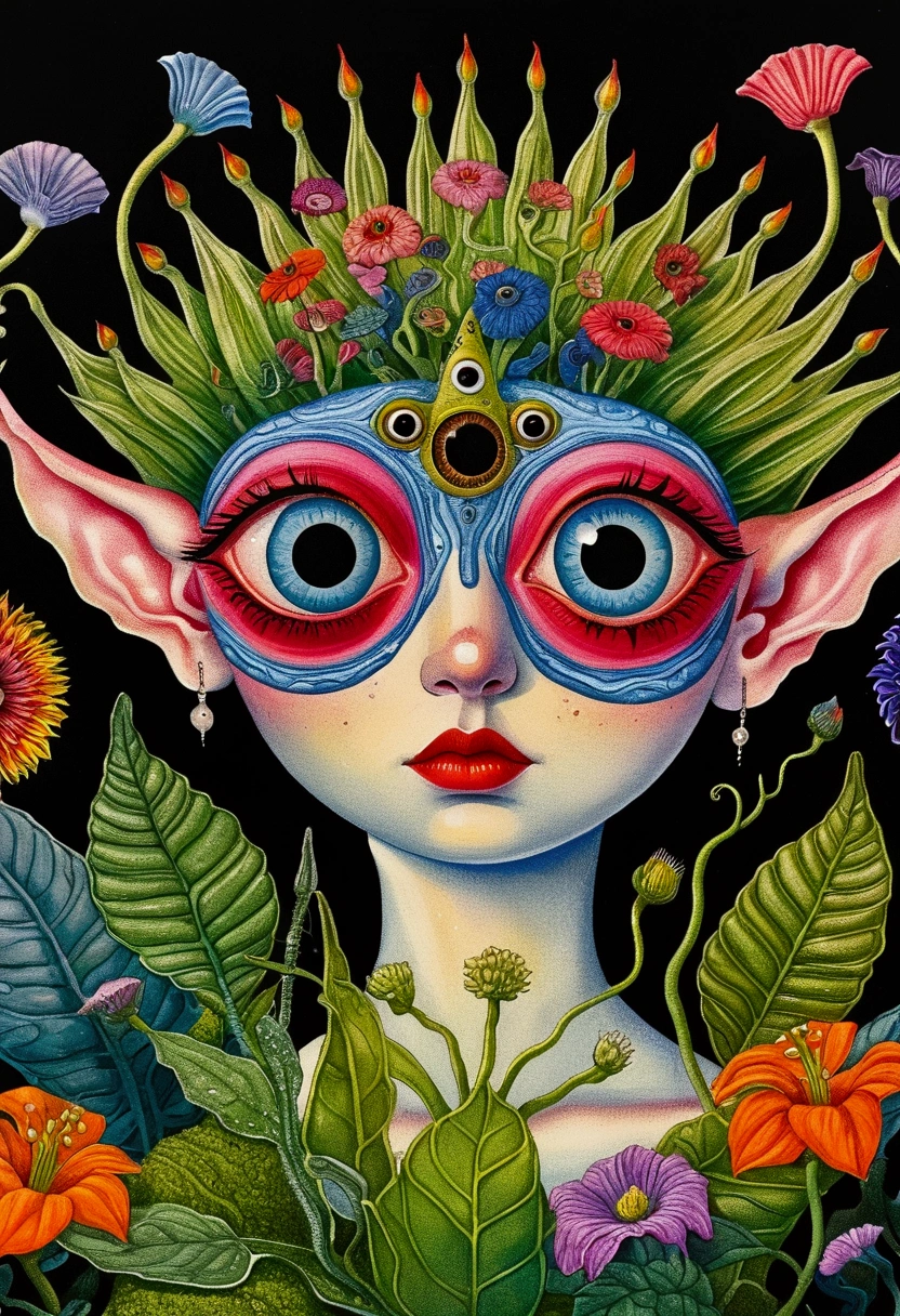 A painting,A flower with big eyes in the painting,Surrounded by plants, Psychedelic surrealist art, The holy grail of the eyes of the brain, Shaman horror art, Psychedelic illustration, Pop surrealism, Surreal psychedelic design, Exotic plants and fauna, Exotic plants, Psychedelic Art, Highly detailed hyperrealistic art, strange plants, hallucinatory art, DMT art, Psychedelic Artwork