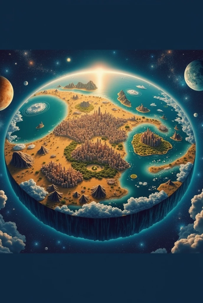 The earth was a flat disc, with its continents and oceans , With its great cities, along the edges there is ice, surrounding the disc completely was the ocean, beneath the earth there are stars ,  Outside the ocean and the sky would be the universe with its galaxies and its distant stars.
