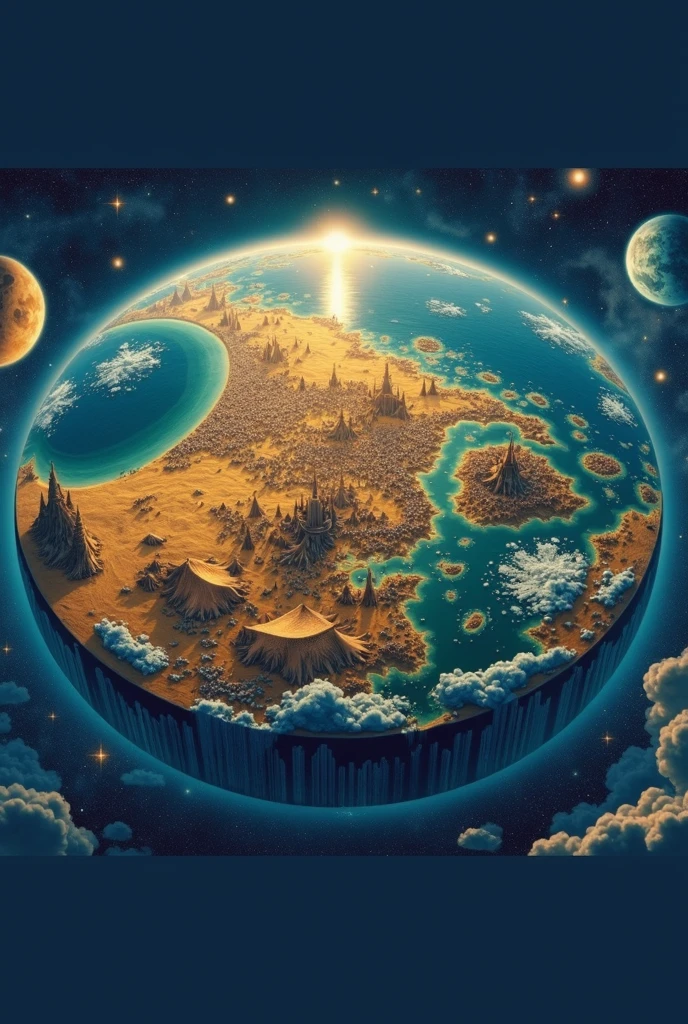 The earth was a flat disc, with its continents and oceans , With its great cities, along the edges there is ice, surrounding the disc completely was the ocean, beneath the earth there are stars , Outside the ocean and the sky would be the universe with its galaxies and its distant stars.