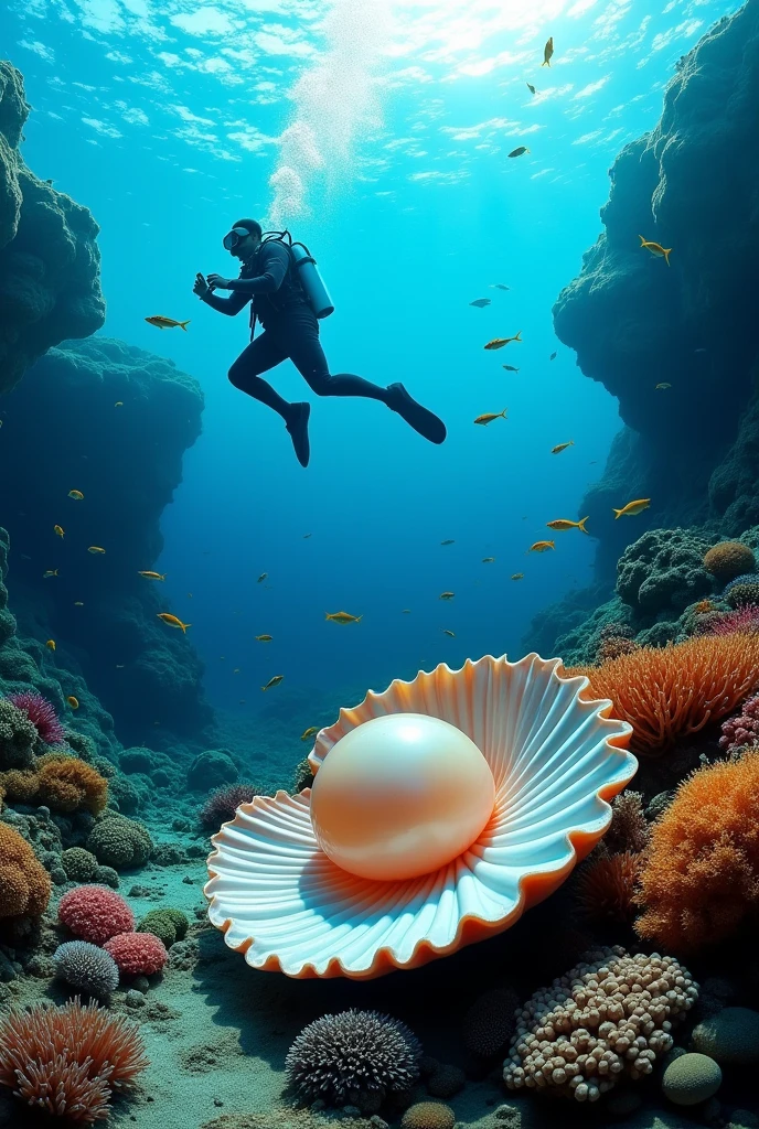 Near:The diver met a huge clam at the bottom of the sea,There is a huge pearl inside the clam。There is abundant marine life in the distant ocean。The sun shines into the sea。