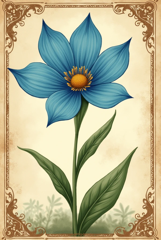 An illustration of a flower with blue petals and a sad face, book styles , vintage illustration