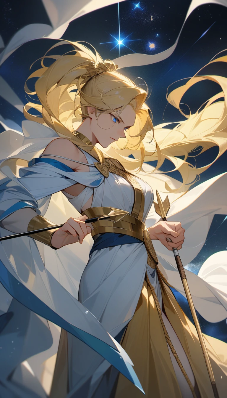 （Huang Li、high quality、Extremely detailed），Zodiac - Sagittarius Male God，Huge bow，Man pulls a bow and shoots arrows，Similar to Latin goodness，brave，capricious，Productivity，The face of enterprising and humanitarianism，Long yellow hair，Ancient Greek costumes、Long robe with a cape，Dress conservatively，The background is the stars，Crystal blue eyes（Eyes Details），Powerful appearance, Correct anatomy
