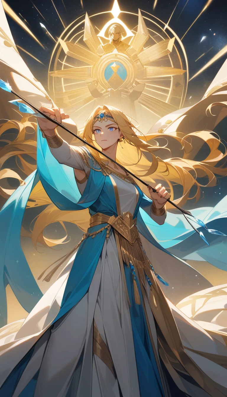 （Huang Li、high quality、Extremely detailed），Zodiac - Sagittarius Male God，Huge bow，Man pulls a bow and shoots arrows，Similar to Latin goodness，brave，capricious，Productivity，The face of enterprising and humanitarianism，Long yellow hair，Ancient Greek costumes、Long robe with a cape，Dress conservatively，The background is the stars，Crystal blue eyes（Eyes Details），Powerful appearance, Correct anatomy