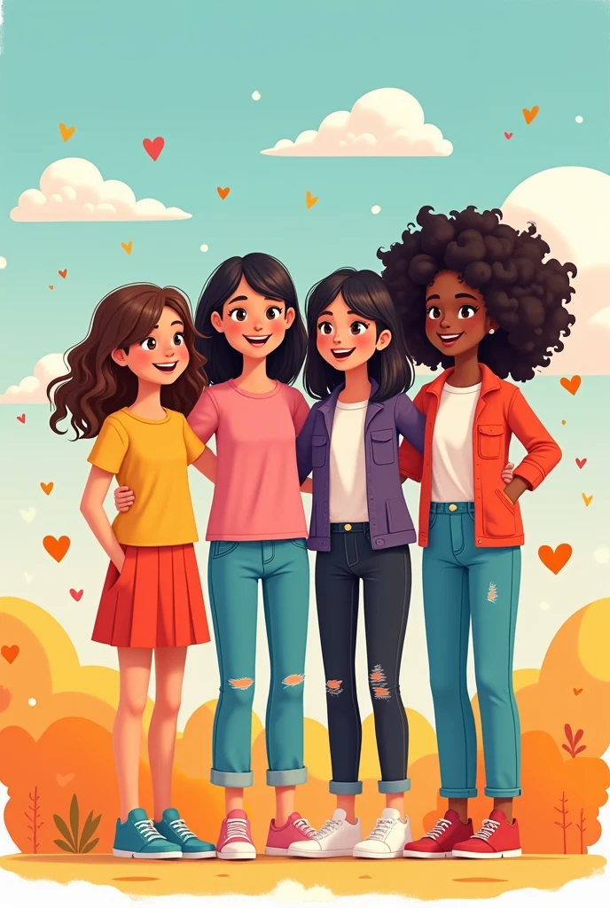 Make an animated clipart type of group photo of 4 girls on with semi wavy hair upto her collar bone, one with straight long hair and curtain bang upto her chest, one with straight side parted hair only upto her shoulder and one with long curly hair... Doesn't need to be real looking but more like cartoon characters