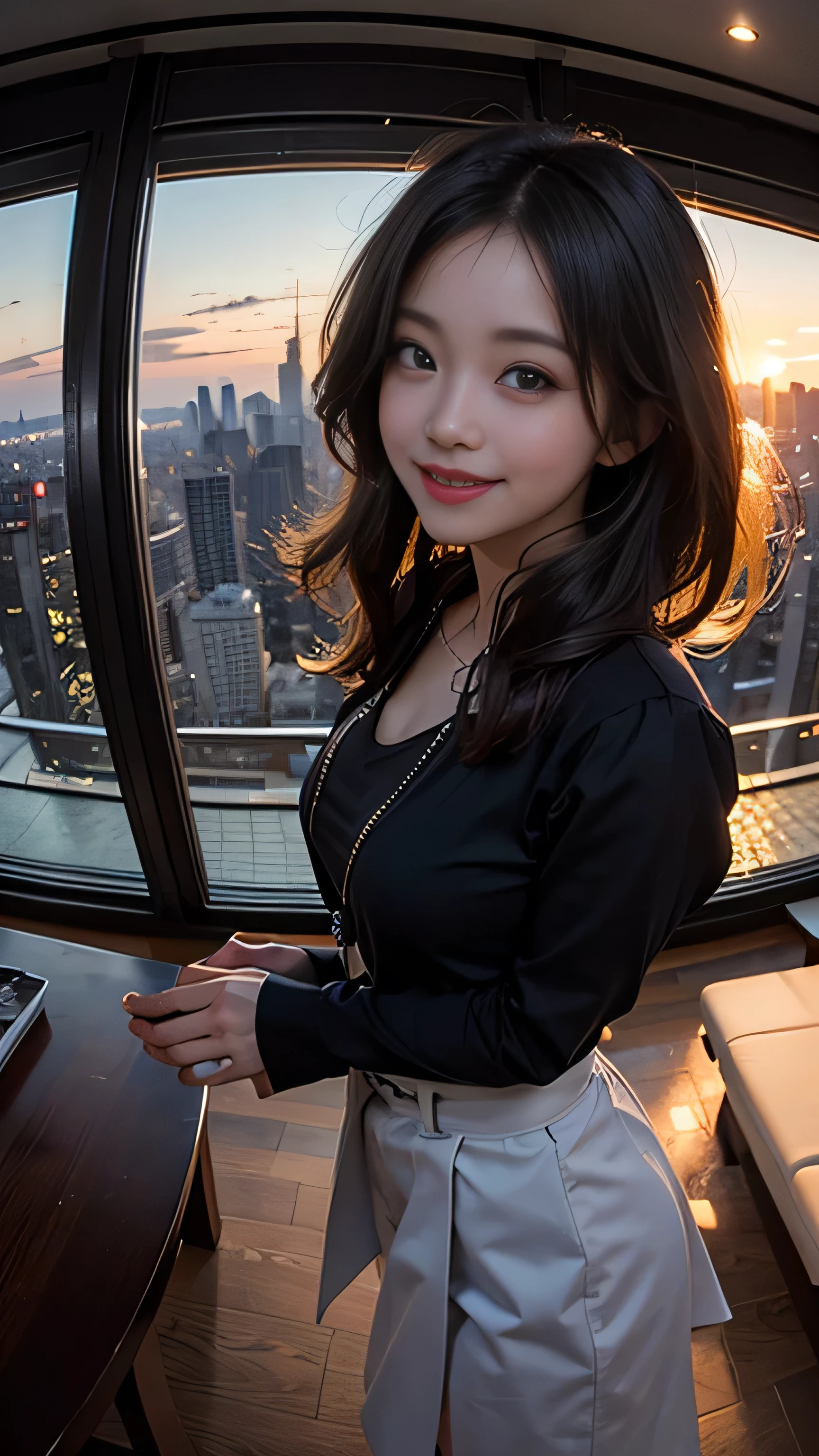 One girl, Korean, Fisheye Lens, Selfie, Wind, Messy Hair, sunset, Cityscape, (Aesthetics and atmosphere:1.2),smile