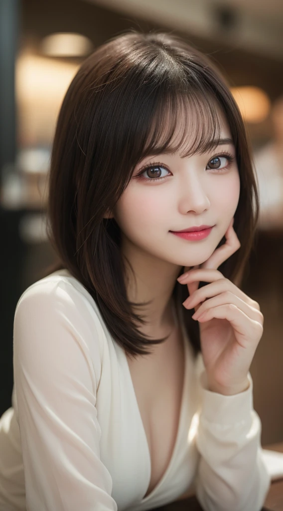 Tabletop, Highest quality, shape, Very detailed, finely, High resolution, 8k wallpaper, 完璧なダイナミックな構shape, Beautiful and exquisite,ランダムなcute髪,,Natural color lip、20-year-old girl、cute、Looking into the camera,Always blur the background,Perfect and beautiful face,Slim face and figure,Big eyes、Putting on gal makeup,Small face,Shooting from below、Blurred Background,Elegant feminine face、Cyberpunk Fashion、smile、Change pose randomly、Randomly change the shooting angle and position