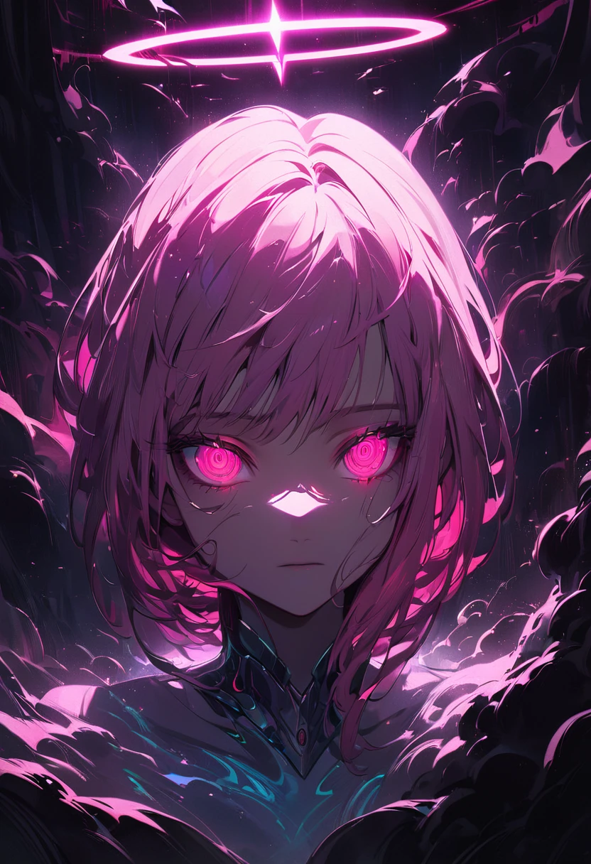 vivid neon lighting, glowing eyes, red and pink hues, ethereal halo, soft facial features, intense gaze, dark background, smooth textures, anime-inspired, futuristic portrait, radiant glow, otherworldly atmosphere, surrealism, sharp contrasts, minimalistic setting, digital painting