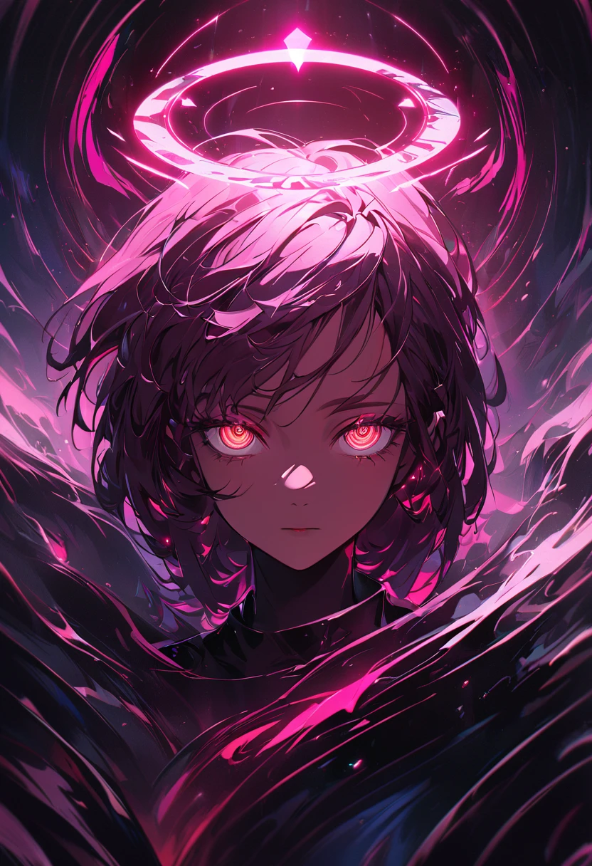 vivid neon lighting, glowing eyes, red and pink hues, ethereal halo, soft facial features, intense gaze, dark background, smooth textures, anime-inspired, futuristic portrait, radiant glow, otherworldly atmosphere, surrealism, sharp contrasts, minimalistic setting, digital painting