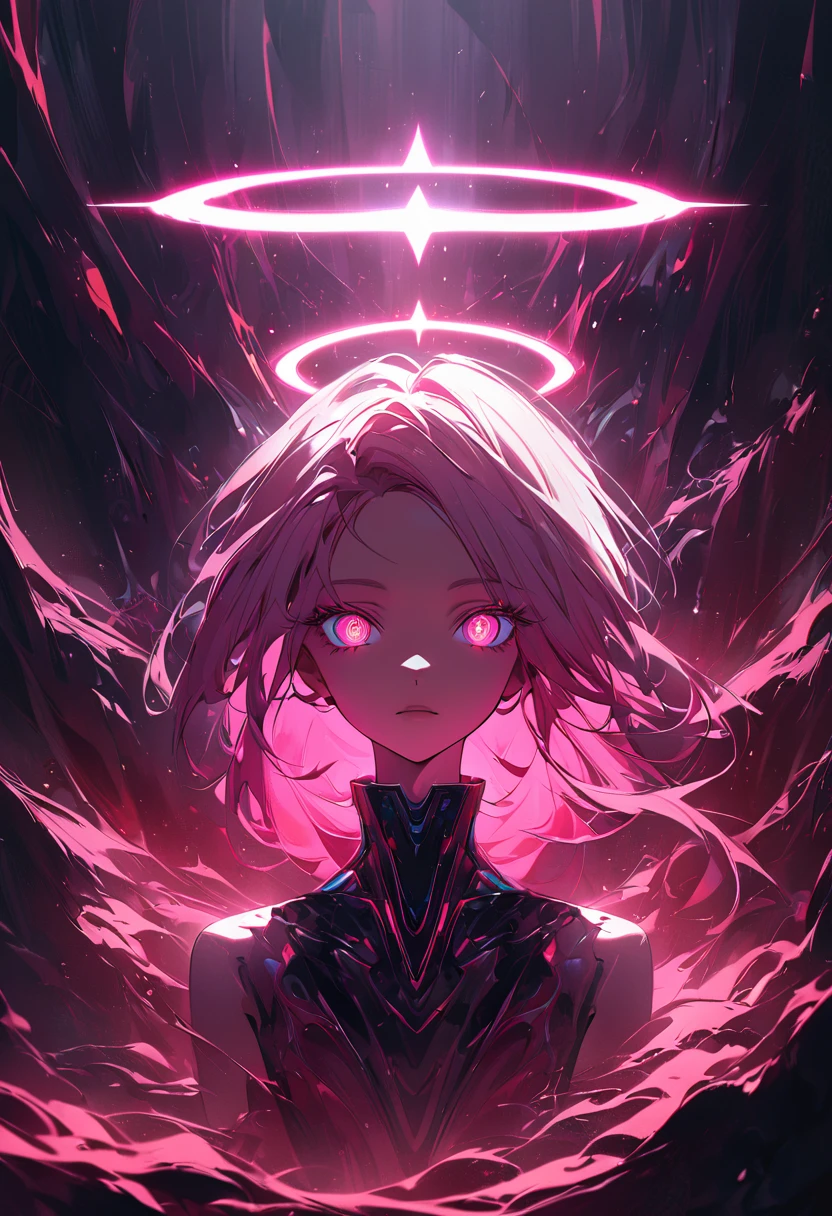 vivid neon lighting, glowing eyes, red and pink hues, ethereal halo, soft facial features, intense gaze, dark background, smooth textures, anime-inspired, futuristic portrait, radiant glow, otherworldly atmosphere, surrealism, sharp contrasts, minimalistic setting, digital painting