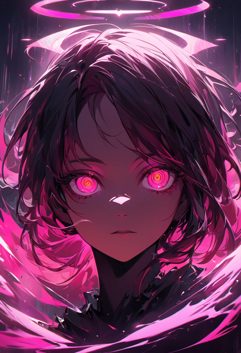 vivid neon lighting, glowing eyes, red and pink hues, ethereal halo, soft facial features, intense gaze, dark background, smooth textures, anime-inspired, futuristic portrait, radiant glow, otherworldly atmosphere, surrealism, sharp contrasts, minimalistic setting, digital painting