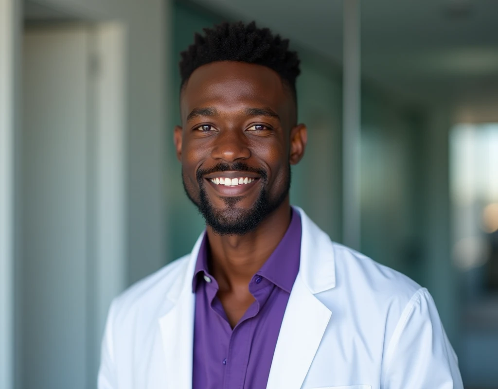 Professional work headshot of a very tall French-Nubian featured male, soft hair side part, toned body, ebony skin, vibrant purple eyes, tall thin toned body. Kind expression. Wearing purple shirt under white doctor coat.