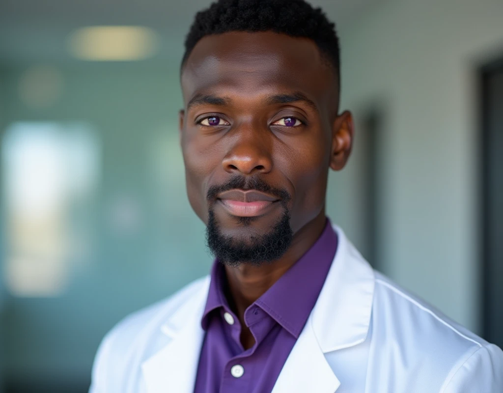 Professional work headshot of a very tall French-Nubian featured male, soft hair side part, toned body, ebony skin, vibrant purple eyes, tall thin toned body. Kind expression. Wearing purple shirt under white doctor coat.