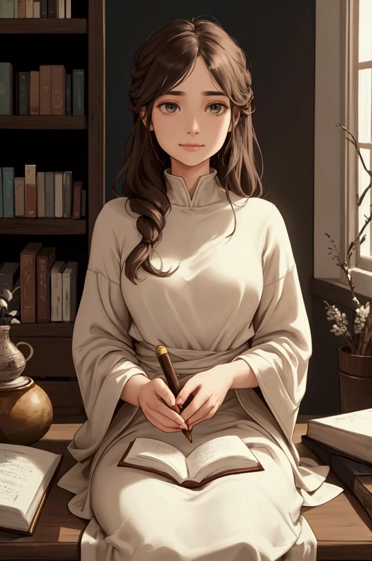 "A thoughtful and compassionate person with a distant, dreamy gaze. Soft, warm eyes that seem to look beyond the present. Slightly furrowed brow, indicating deep contemplation. Gentle, approachable facial features. Dressed in muted, earthy tones. Surrounded by books, journals, and creative tools. Sitting in a cozy, dimly lit room with ethereal lighting. Body language suggests both openness and introversion. A subtle, knowing smile. Background hints at social causes or artistic pursuits. Aura of quiet intensity and determination."