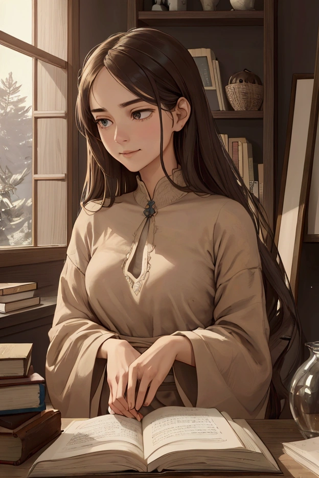 "A thoughtful and compassionate person with a distant, dreamy gaze. Soft, warm eyes that seem to look beyond the present. Slightly furrowed brow, indicating deep contemplation. Gentle, approachable facial features. Dressed in muted, earthy tones. Surrounded by books, journals, and creative tools. Sitting in a cozy, dimly lit room with ethereal lighting. Body language suggests both openness and introversion. A subtle, knowing smile. Background hints at social causes or artistic pursuits. Aura of quiet intensity and determination."