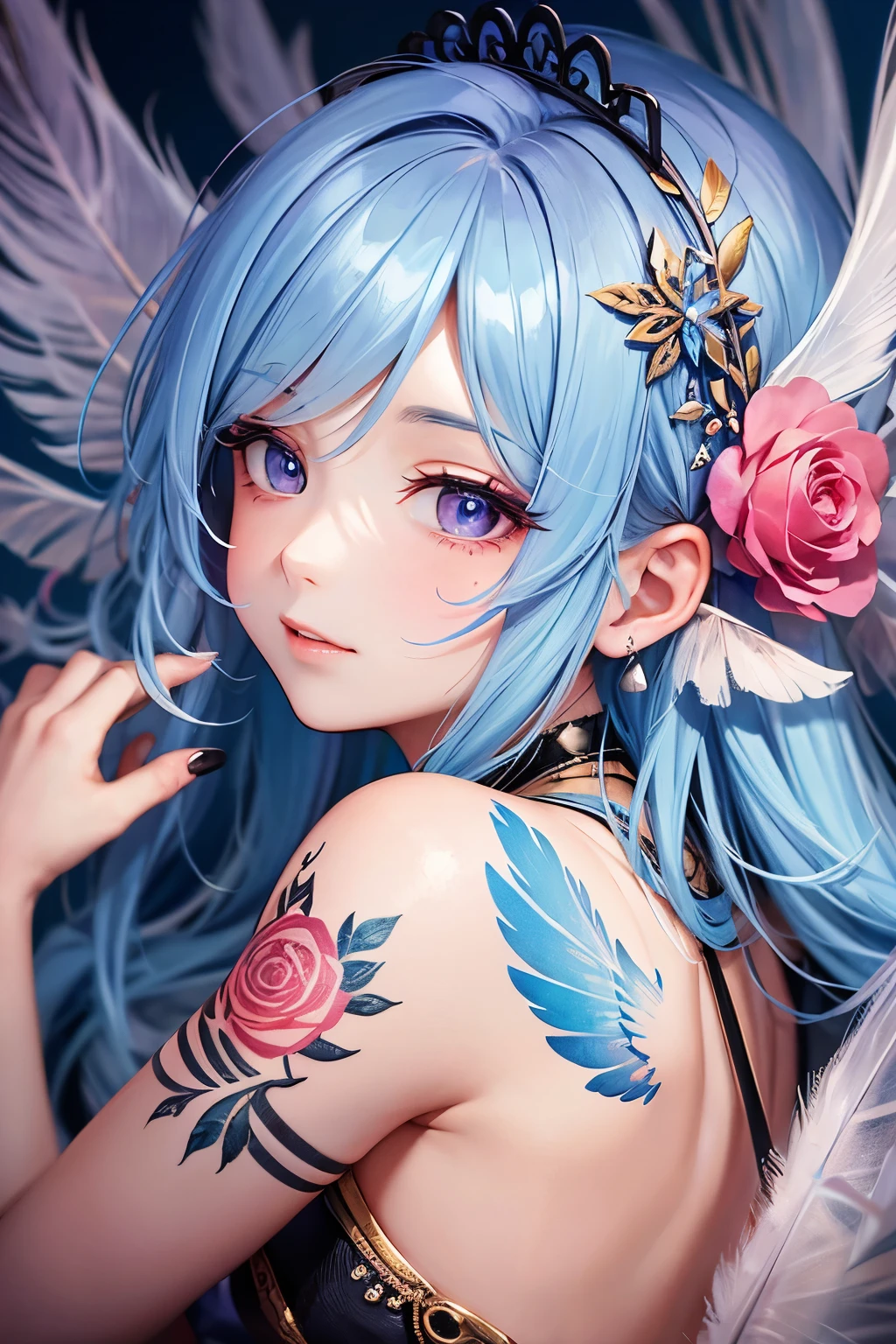 Feather Plumage on the back, drop-shaped tattoo on the cheek, a cute fairy in a beautiful flower field