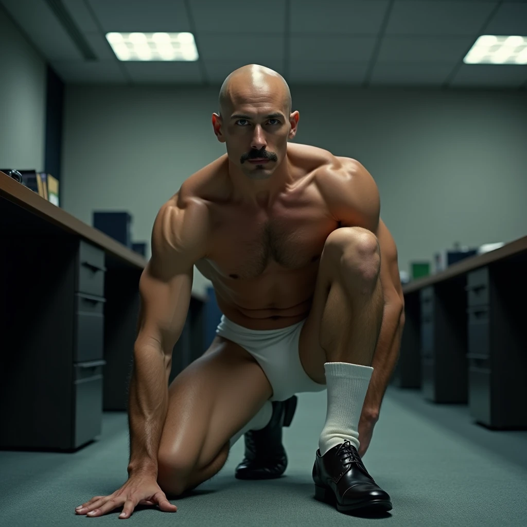 40 years old,Hidetoshi Nakata,(Kogoro Mori 1.3),whole body,Lean,muscle,office,Kneeling,black,foot,White socks,Baldhead ,transparent,Thick body hair,underwear,Topless,Densely hairy,Fortitude,HD,With a mustache